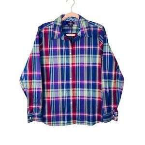 Chaps No Iron Plaid Button Down Shirt Womens XL Blue Purple Pink Long Sleeve Top